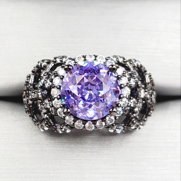 Jewelry - Purple & White Round Diamond Simulants Black Rhodium 925 Sterling Silver Ring